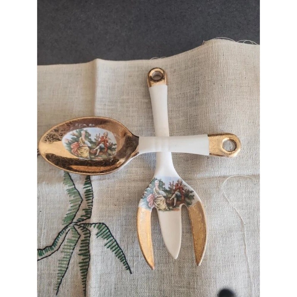 Vintage 2-Piece Porcelain Salad Serving Set 22K Gold Trim Courting Couple